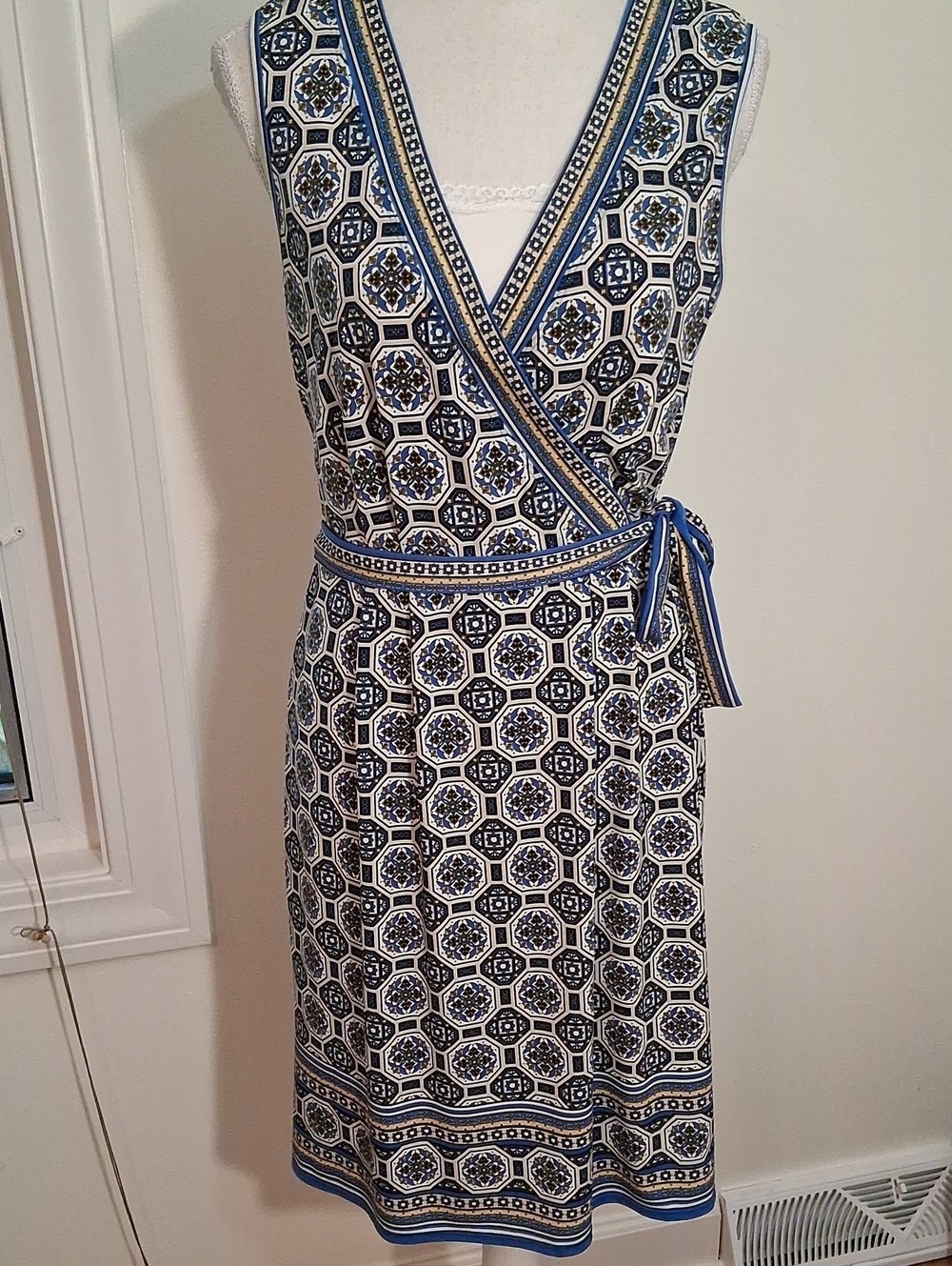 Max Studio Blue and White Geometric Wrap Look Dress